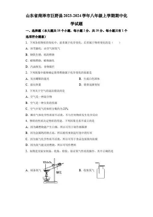 山东省菏泽市巨野县2023-2024学年八年级上学期期中化学试题(含解析)