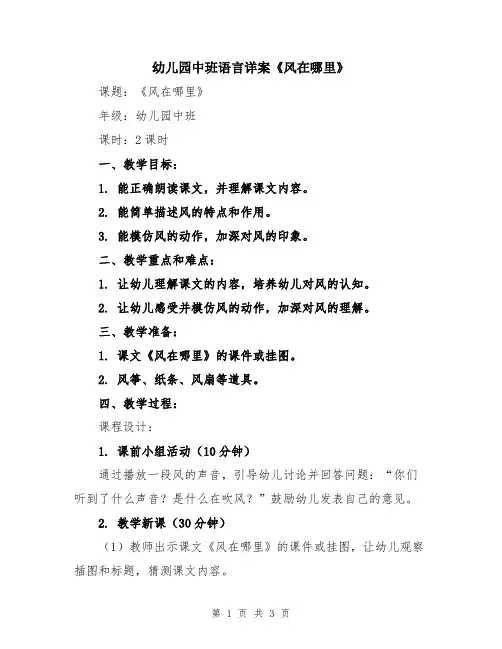 幼儿园中班语言详案《风在哪里》