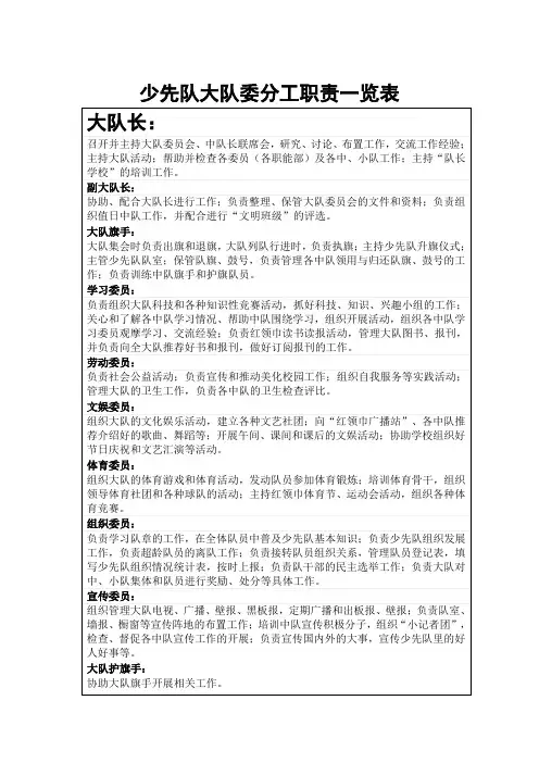 少先队大队委分工职责一览表