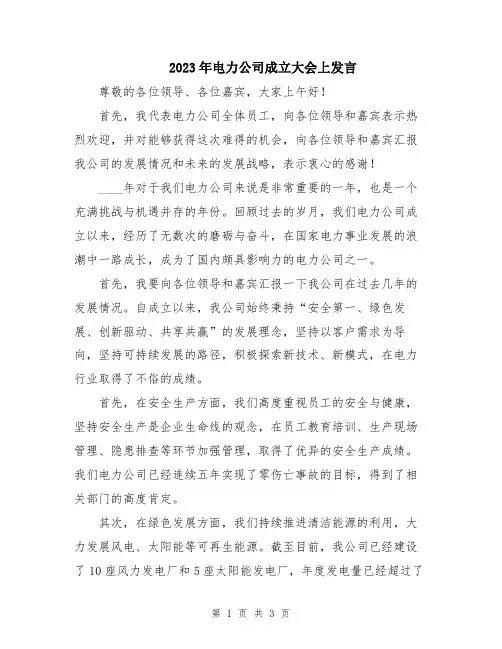 2023年电力公司成立大会上发言
