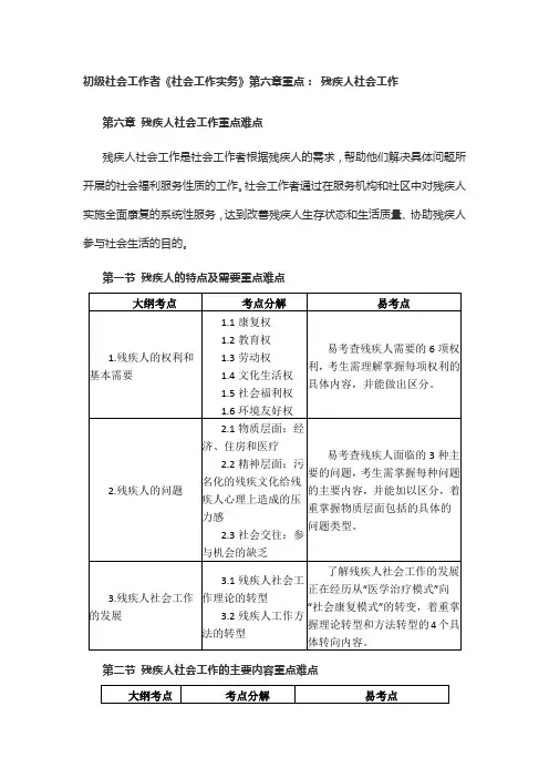 初级社会工作者《社会工作实务》第六章重点： 残疾人社会工作