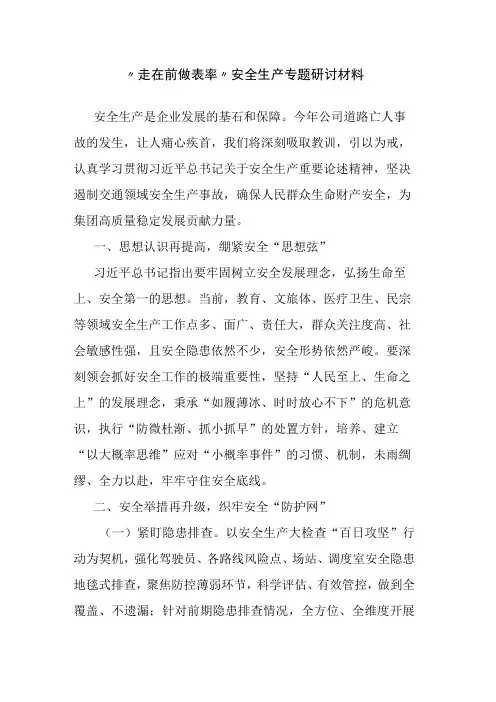 走在前做表率安全生产专题研讨材料