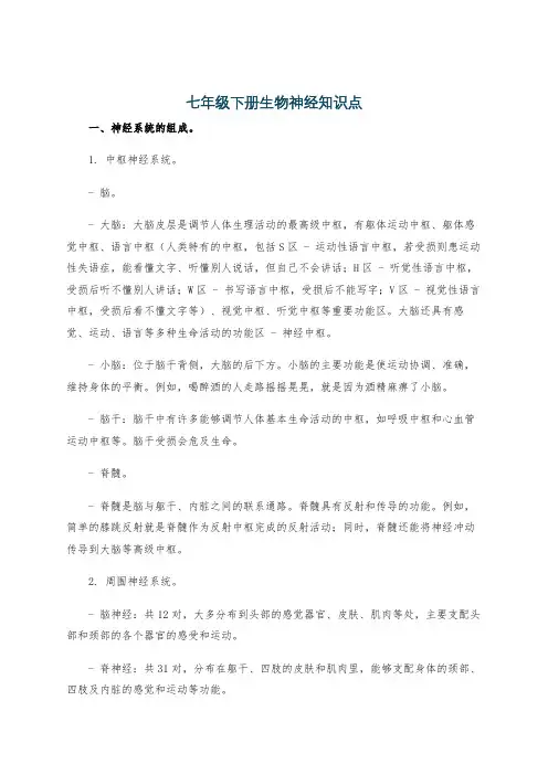 七年级下册生物神经知识点