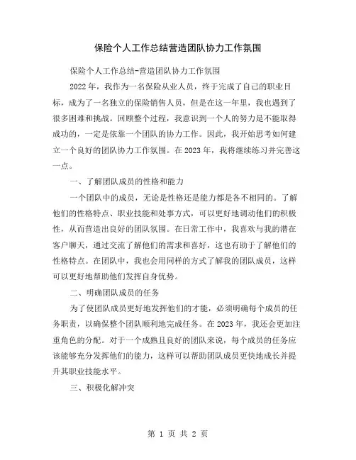 保险个人工作总结营造团队协力工作氛围