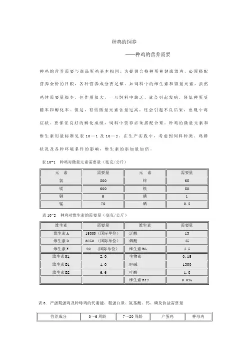 种鸡的营养需要