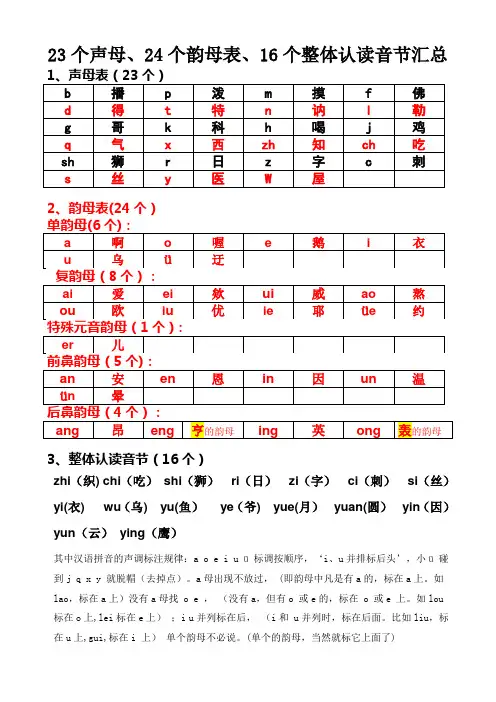 汉语拼音23个声母、24个韵母表、16个整体认读音节汇总【范本模板】