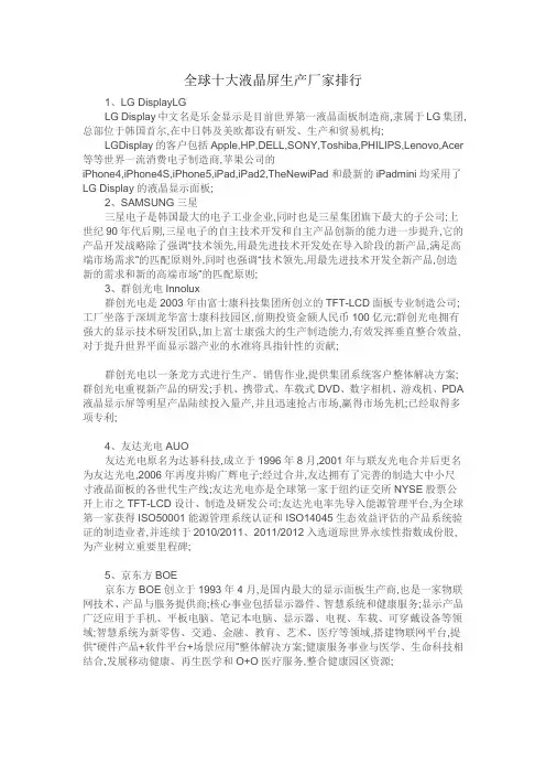 全球十大液晶屏生产厂家排行