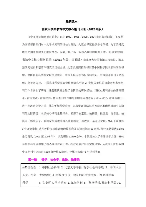 北大中文核心期刊目录2011年最新版