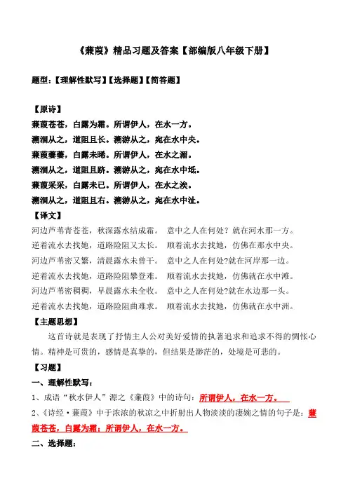 《蒹葭》精品习题及解析