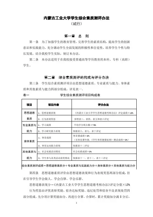 内蒙古工业大学学生综合素质测评办法