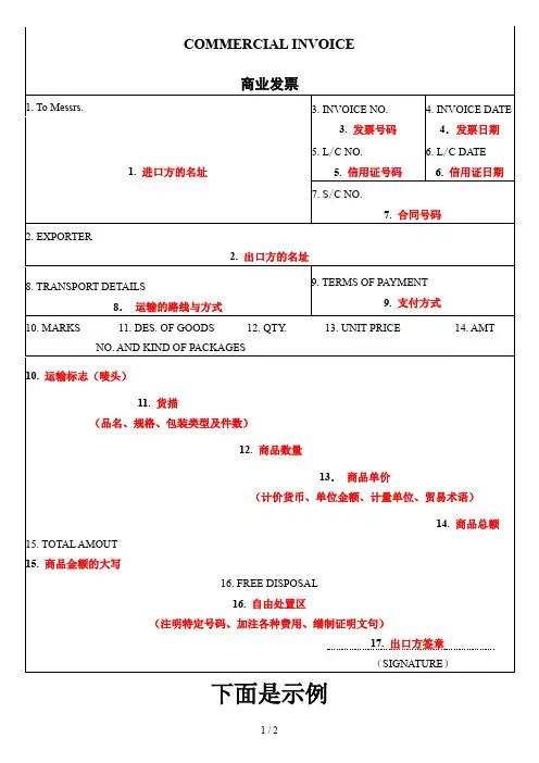 单证商业发票(样本)
