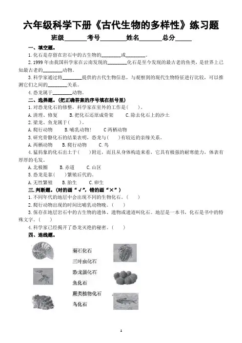 小学科学教科版六年级下册第二单元第6课《古代生物的多样性》课堂练习题(附参考答案)(2022新版)