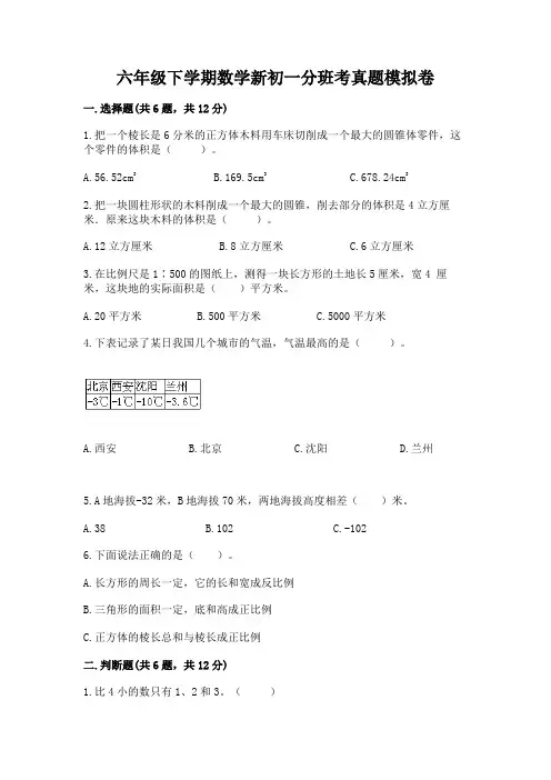 六年级下学期数学新初一分班考真题模拟卷附参考答案【实用】