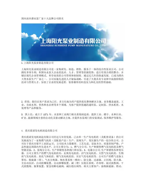 国内深井潜水泵厂家十大品牌公司排名