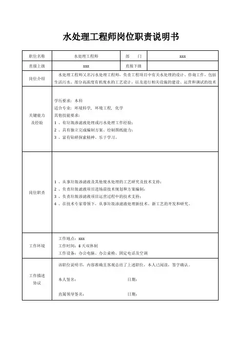 水处理工程师岗位职责说明书[精美打印版本]