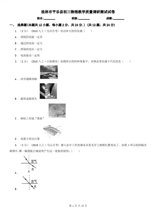 桂林市平乐县初三物理教学质量调研测试试卷