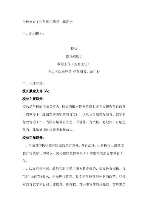 (完整版)学校德育工作组织机构及工作职责