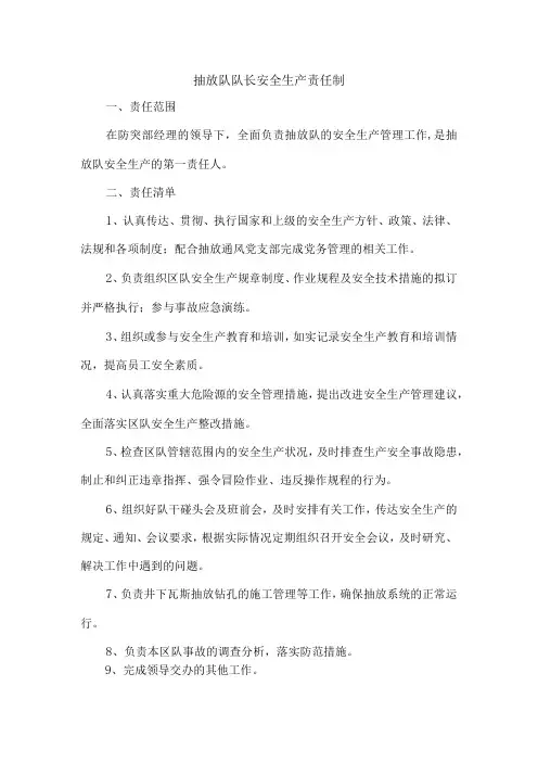 抽放队队长安全生产责任制