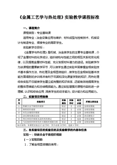 《金属工艺学与热处理》实验教学课程标准