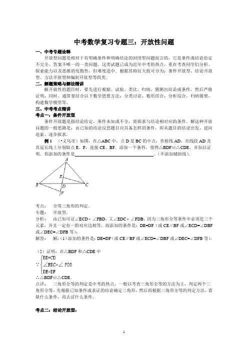 中考数学复习专题3：开放性问题(含详细参考答案)