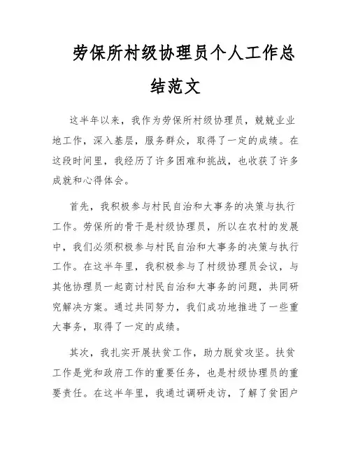 劳保所村级协理员个人工作总结范文