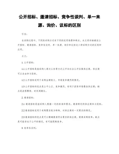 公开招标、邀请招标、竞争性谈判、单一来源、询价、议标的区别