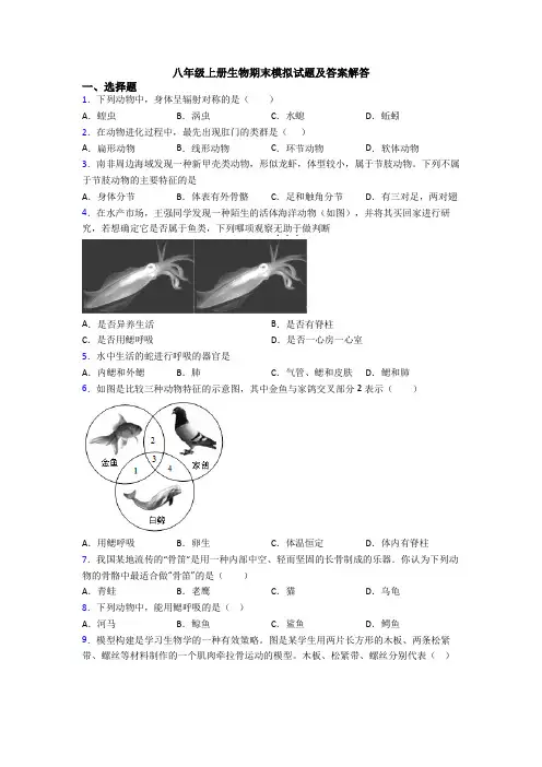八年级上册生物期末模拟试题及答案解答