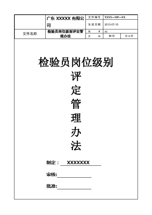 品质部检验员岗位级别评定管理办法
