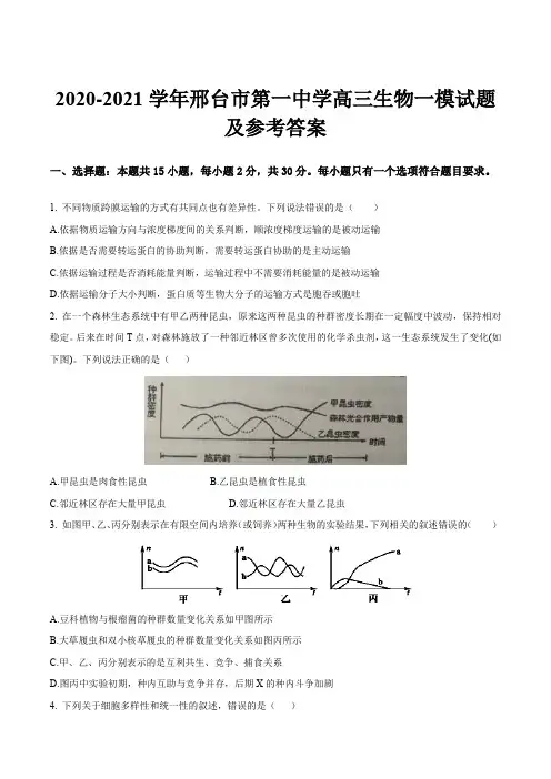 2020-2021学年邢台市第一中学高三生物一模试题及参考答案