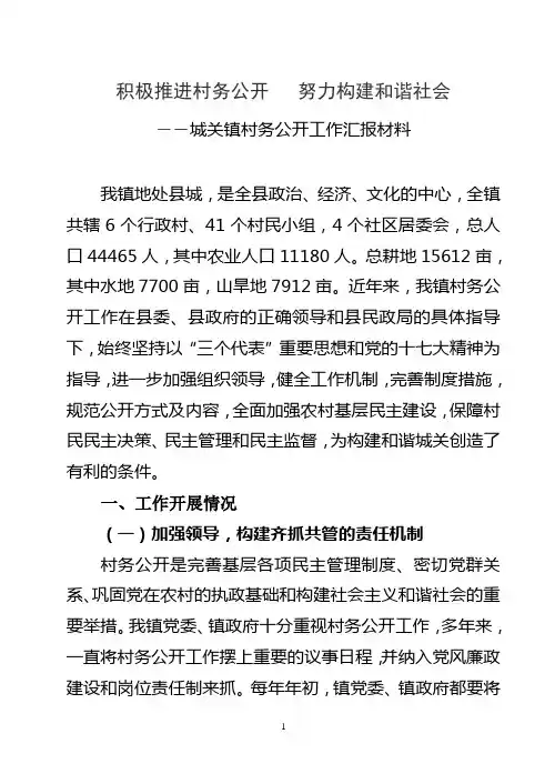 城关镇村务公开工作汇报材料