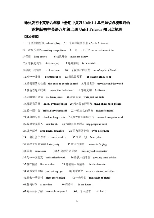 译林版初中英语八年级上册期中复习Units1-4单元知识点梳理归纳