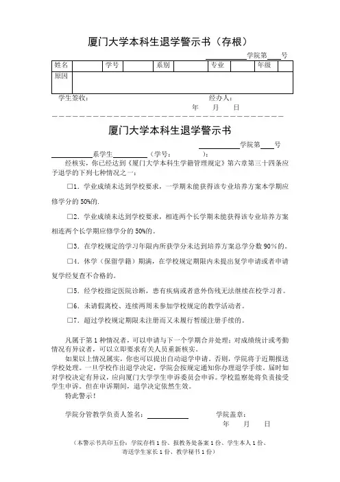 厦门大学本科生退学警示书存根