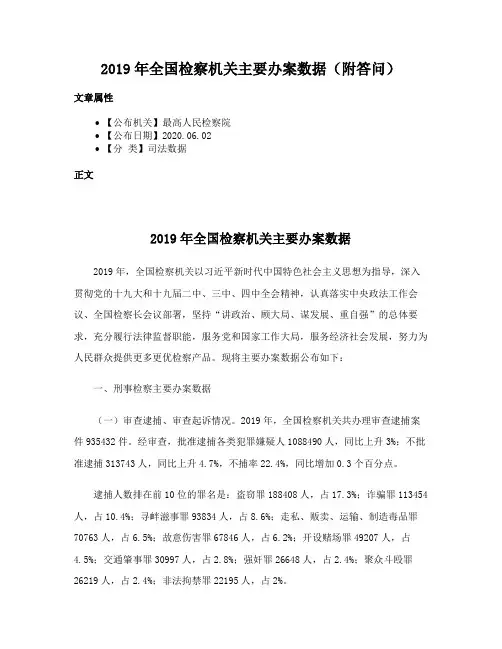 2019年全国检察机关主要办案数据（附答问）