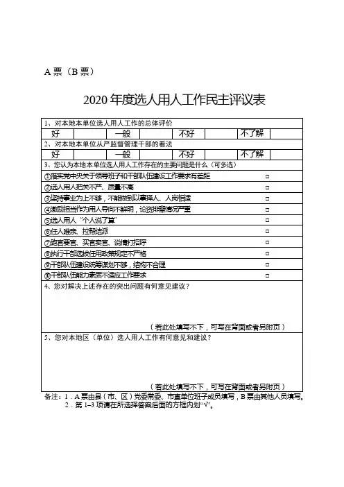 A票B票2020年度选人用人工作民主评议表