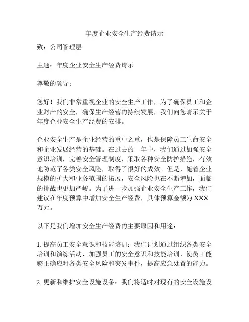 年度企业安全生产经费请示