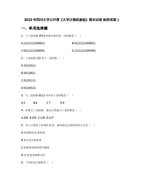 2022年四川大学公共课《大学计算机基础》期末试卷B(有答案)