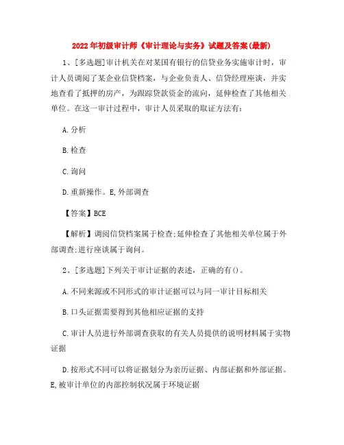 2022年初级审计师《审计理论与实务》试题及答案(最新)