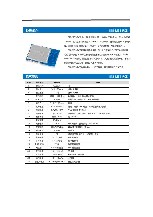 亿佰特-CC2530中文数据手册(zigbee组网E18-MS1-PCB无线模块)