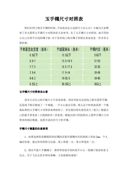 玉手镯尺寸对照表