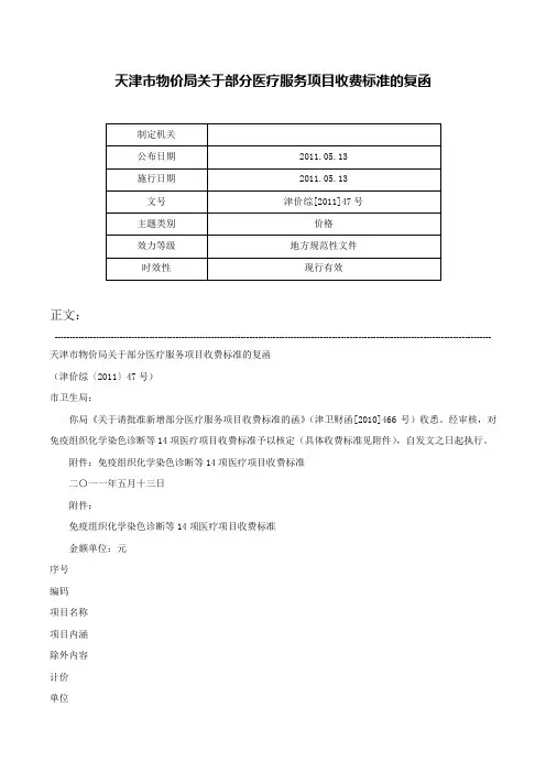 天津市物价局关于部分医疗服务项目收费标准的复函-津价综[2011]47号