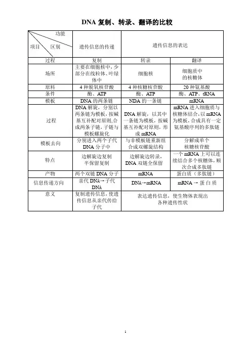 DNA复制、转录、翻译的比较(表格)