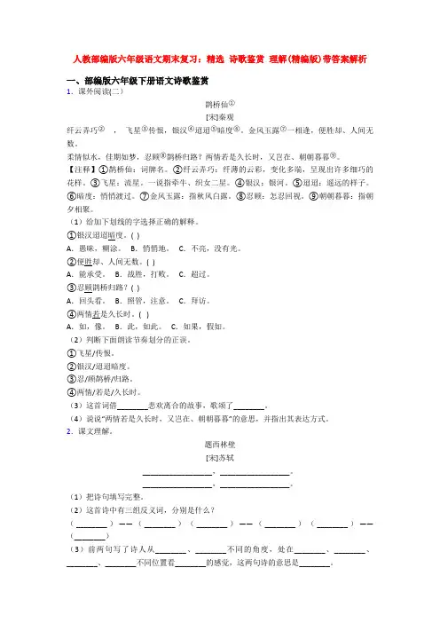 人教部编版六年级语文期末复习：精选 诗歌鉴赏 理解(精编版)带答案解析