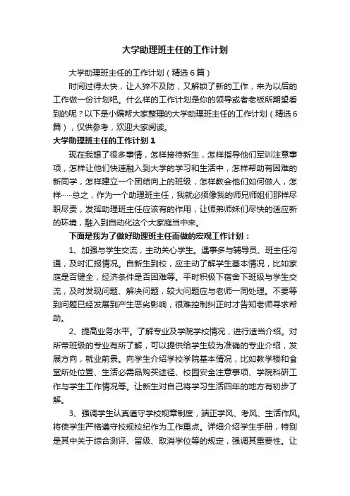 大学助理班主任的工作计划