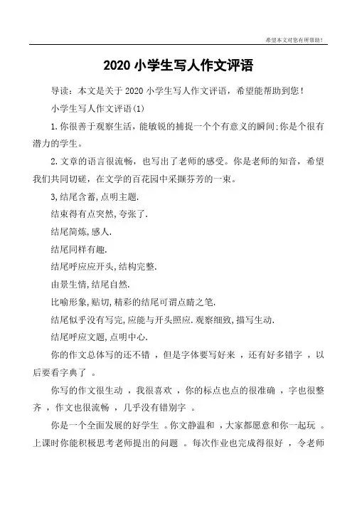 2020小学生写人作文评语