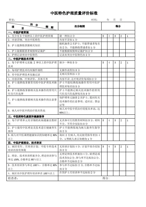 中医特色护理质量评价标准【范本模板】