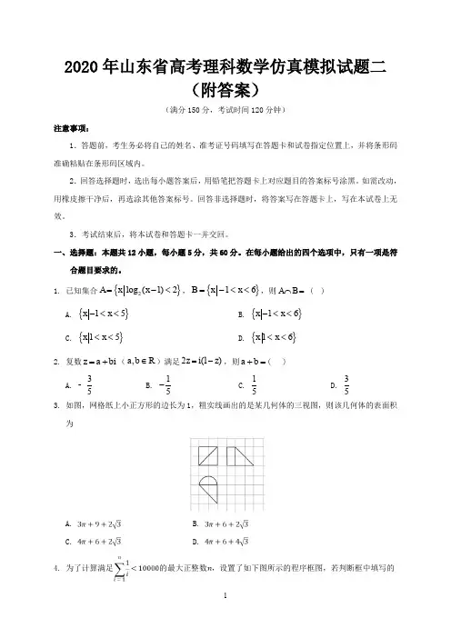 2020年山东省高考理科数学仿真模拟试题二(附答案)