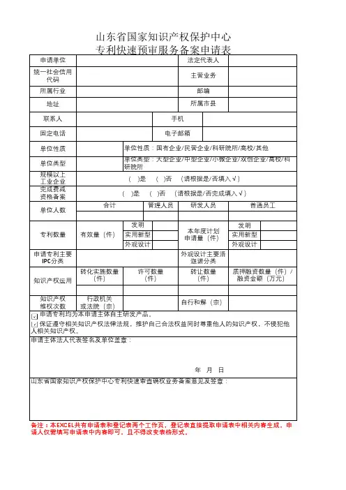 山东省国家知识产权保护中心专利快速预审服务备案申请表2023