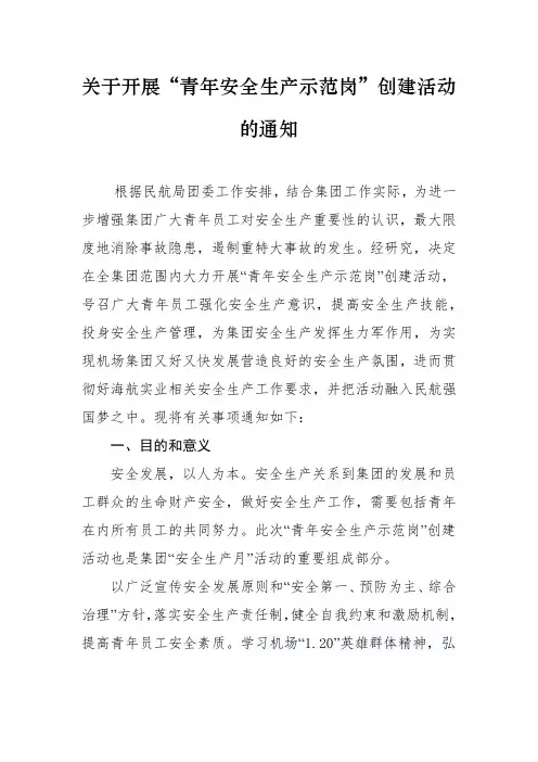 关于开展“青年安全生产示范岗”创建活动的通知
