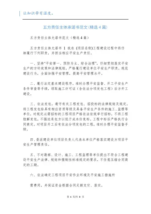 五方责任主体承诺书范文(精选4篇)