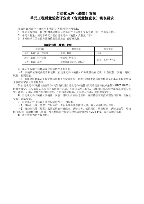 自动化元件(装置)安装单元工程质量验收评定表